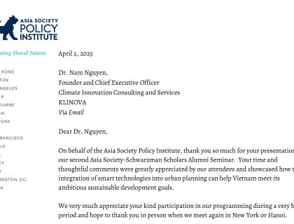 Certificate of appreciation for Presentation in Asia Society-Schwarzman Scholars Alumni Seminar to KLINOVA staff